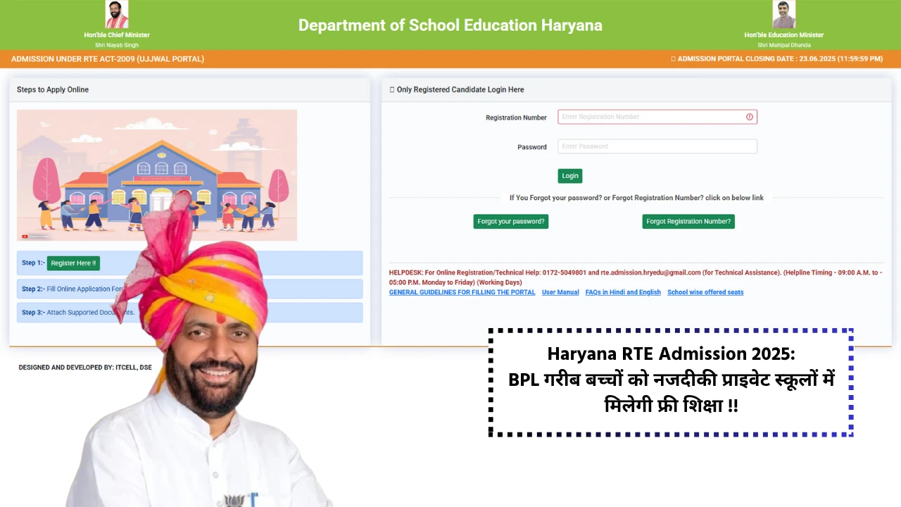 Haryana RTE Admission 2025 FOR BPL FAMILY CHILDS