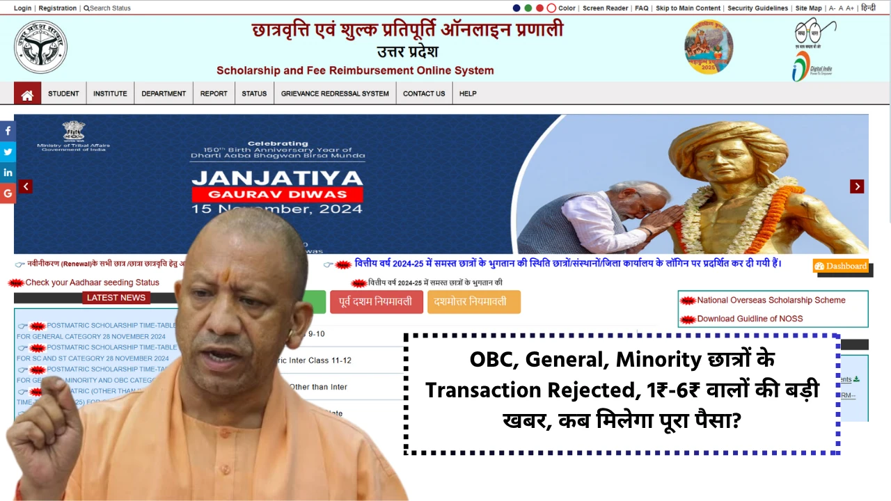 scholarship.up.gov.in UP Scholarship 2024-25: Transactions of OBC, General, Minority students rejected