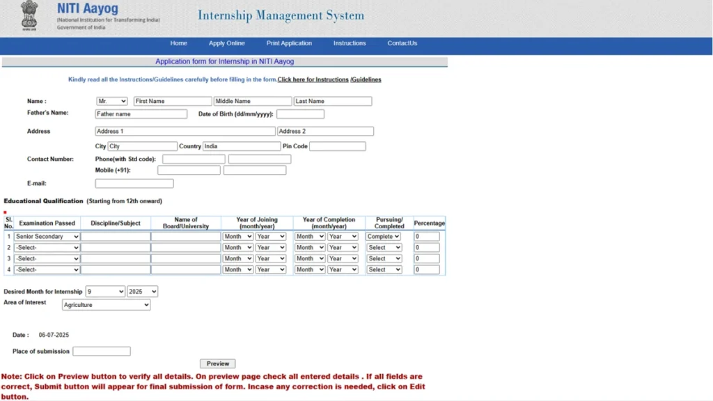 NITI Aayog Internship management system 2025